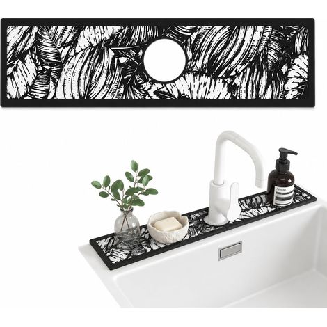 Lot de 1 Tapis de Robinet Absorbant en Pierre de Diatomée 10x38cm, Motif Feuilles Croquis, Séchage Rapide Anti-Éclaboussures pour Évier, Cuisine et Salle de Bain, avec Trou pour Robinet (1/5)