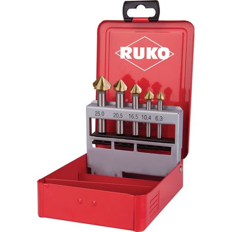 Satz mit 5 RUKO HSS-TiN 90° Senker DIN 335, hohe Präzision und Langlebigkeit. (1/4)