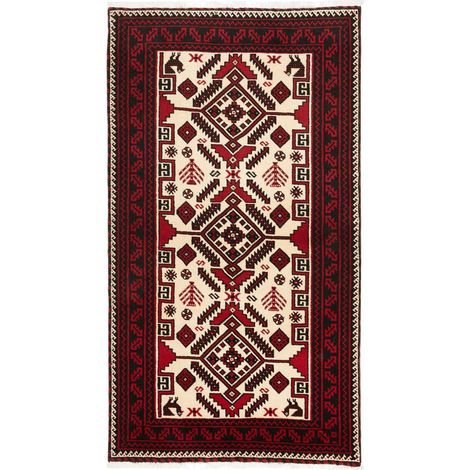 Tapis salon 97 x 180 cm, géométrique, rouge, crème et noir, laine pure nouée main, artisanal, authentique (1/5)