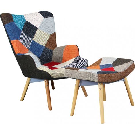 Poltrona con Poggiapiedi Versailles Patchwork 53x47x82 h cm in Legno Multicolor (1/4)