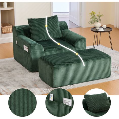 Extra großer Einzel-Cord-Sessel mit Fußstütze, Seitentaschen und Kissen einzeln verpackter, rahmenloser Sessel mit weicher Polsterung montagefrei, ideal zum Entspannen oder Lesen (dunkelgrün cord)
