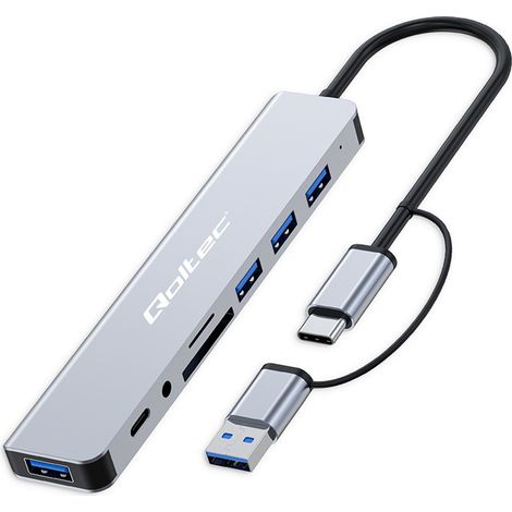 Adaptador Qoltec Hub 8w1 USB-C/USB  USB-C  4xUSB  Tarjeta SD/TF  Conector TRRS de 3,5 mm (1/5)