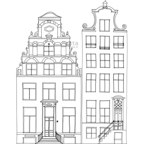 papier peint panoramique maisons bordant les canaux d'Amsterdam dessinées noir et blanc  - ESTAhome (1/5)