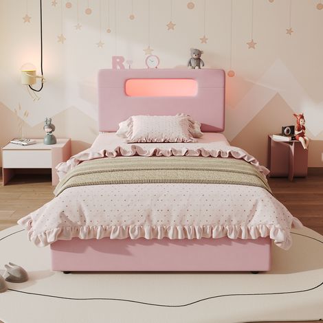 Lit enfant 90 x 200 cm, cadre de lit avec rangement, 4 tiroirs, étagères ouvertes, éclairage LED, tête de lit rembourrée, velours, rose (1/5)