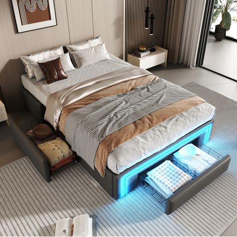 Letto imbottito moderno 90x200 cm grigio in similpelle, con cassetti integrati, struttura a doghe in metallo e LED (1/5)