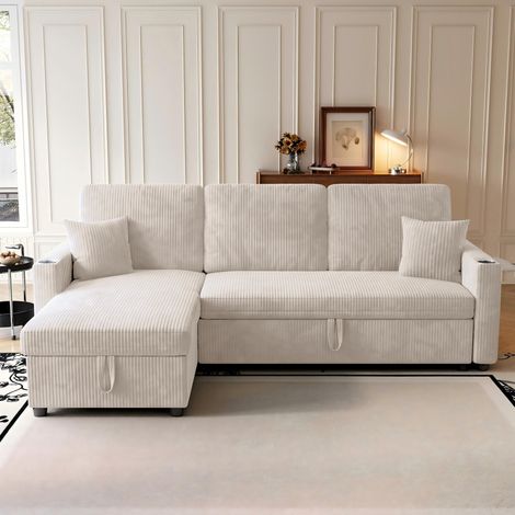L-förmiges Ecksofa mit Schlaffunktion und Stauraum, Stoff beige, 207,5 x 84,5 cm HAVRYA (1/5)
