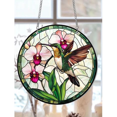 Attrape-soleil vitrail colibris et orchidées 9 cm, décoration fenêtre nature