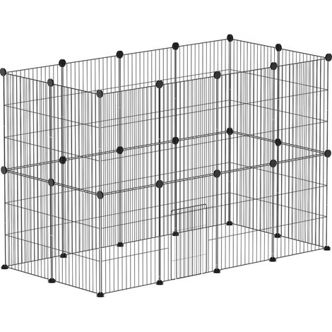 Parc pour lapins et petits animaux en métal noir, enclos modulable 24 panneaux avec porte, usage intérieur, sécurité renforcée, montage facile – CHICFURN (1/5)