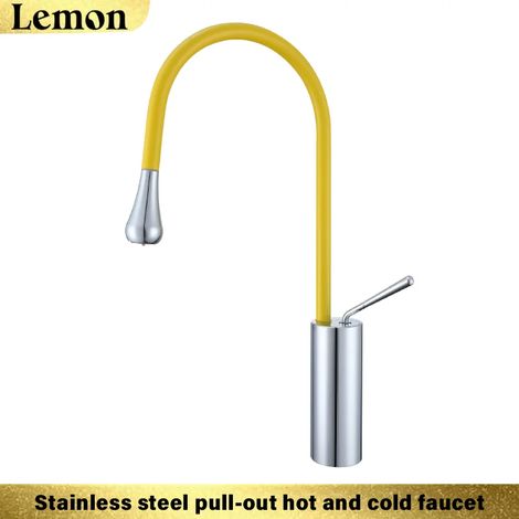 Robinet de cuisine multifonctionnel en acier inoxydable (jaune vif) avec douchette extractible pour eau chaude et froide (1/5)