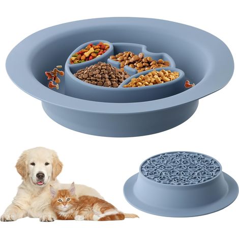 Gamelle Anti Glouton Chat Chien, Bol Alimentation Lent en Silicone, Tapis à Lécher, Gamelle Anti-Glouton Non Toxique pour Chats et Chiens de Taille Petits Moyen, Facile à Nettoyer (Bleu) (1/5)