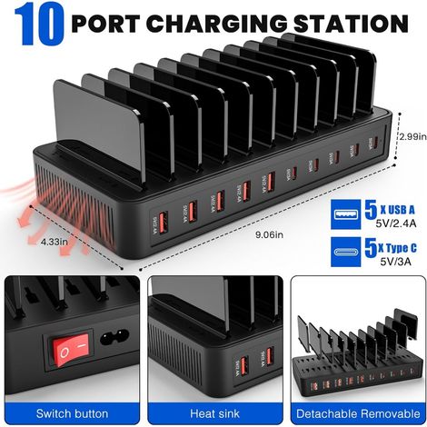 Tischständer mit 10 Positionen, USB-Mehrfachanschluss, universeller Typ-C-Ständer für Tablets und Smartphones, Ständer mit 10 Positionen (1/2)