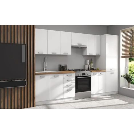 ATLAS Küchenkomplettset 8 Teile - Weiß decor - L300 x H52 x H82 cm - Arbeitsplatte nicht enthalten
