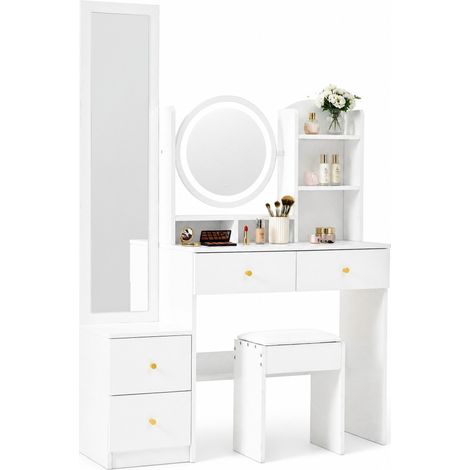 Coiffeuse 4-en-1 avec miroir pleine longueur, miroir pivotant LED 3 couleurs, tabouret rembourré et 4 tiroirs, blanche, idéale chambre ou maquillage CHICFURN (1/5)