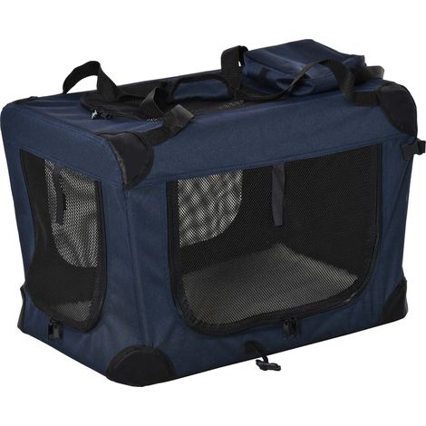 Foldable Pet Carrier for Small Miniature Dogs, Portable Cat Carrier Soft Side Pet Travel Crate with Removable Mat, Storage Bags, Breathable Mesh 60 x 41.5 x 41cm - Dark Blue (1/5)