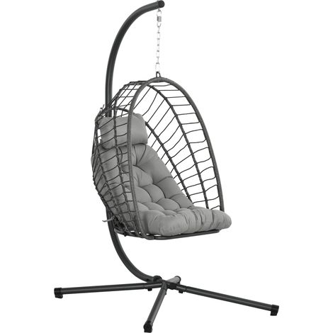 Outsunny Outdoor PE Rattan Swing Chair with Foldable Basket and Cushion, Garden Patio Hanging Egg Chair with Metal Stand, Headrest for Indoor and Outdoor, Light Grey