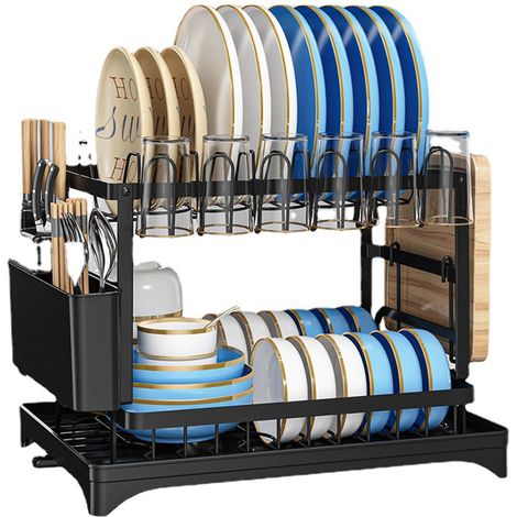 Égouttoir à vaisselle 2 niveaux en acier carbone avec bac d’égouttage, porte-couverts et support pour assiettes, bols et ustensiles de cuisine (1/5)