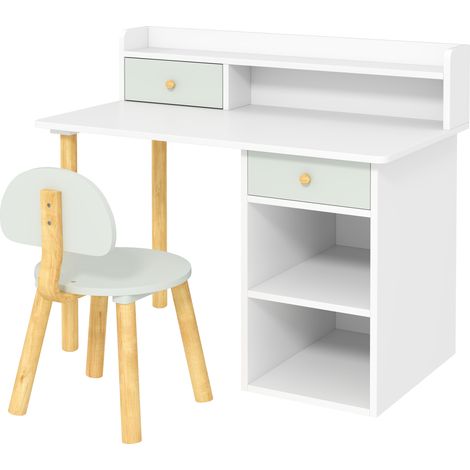 Table enfant et chaise avec rangements, bureau avec 2 tiroirs et étagères, 85 x 48 x 73 cm, vert (1/5)