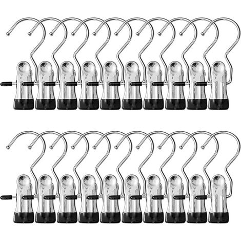 Croc - Crochet Pivotant 360° En Acier Inoxydable Avec Revêtement PVC - Lot De 20 Pièces - Pour Bottes Vêtements Et Accessoires - Noir