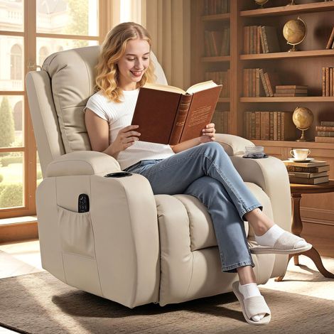 Sillón de Masaje Giratorio Sillón Relax Reclinable con 8 Puntos de Masaje Función de Calefacción 82x99x103 cm Crema (1/5)