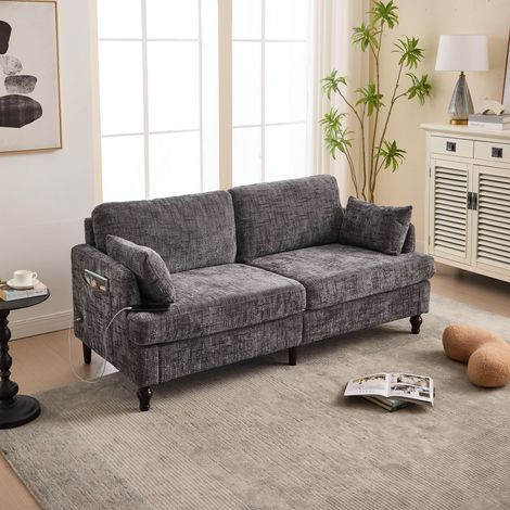 Modernes 2-Sitzer-Sofa aus Chenille mit Holzbeinen, LED-Beleuchtung, USB-Ladeanschluss und Aufbewahrungstasche, 175 x 83 x 78 cm, Grau