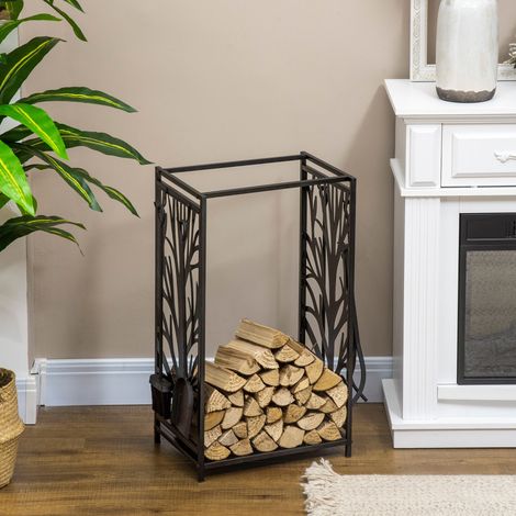 Support bois extérieur - Rangement bûches en métal, étagère multi-usage 46x29x70 cm, noir, pour cheminée et poêle (1/5)
