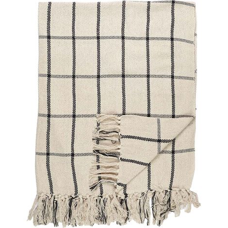 Plaid Jeté de Canapé 125x150cm Beige Imprimé Carreaux Noirs avec Franges (1/3)