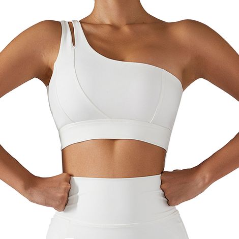 Soutien-Gorge Sport - Bretelle Unique - Dos Découvert - Sans Manches - Col Carré - Rembourré - Blanc Cygne - Taille L (1/5)