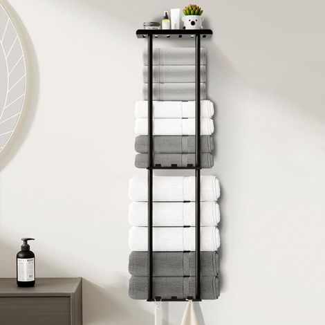 Porte-serviettes mural pour salle de bain, rangement en métal, grande capacité, avec étagère et 6 crochets, support mural pour serviettes roulées. (1/5)