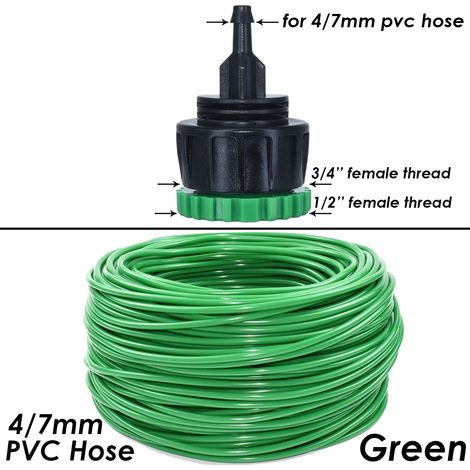 Tuyau d'arrosage vert 4/7 mm de diamètre, 1/4'', 50 mètres (164 pieds), avec raccord rapide pour micro-irrigation goutte à goutte. Tuyau en PVC neuf de 1/4'' pour serre. (1/5)