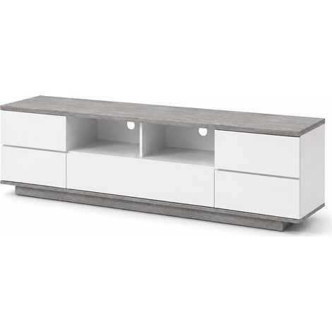 Mobile TV Salotto Moderno Con 4 Ante 1 Anta A Ribalta 2 Vani A Giorno Passacavi Mobile In MDF Resistente Per Zona Living Soggiorno Design Elegante E Capiente 180 x 38 x 46 Cm Bianco E Grigio Cemento (1/5)