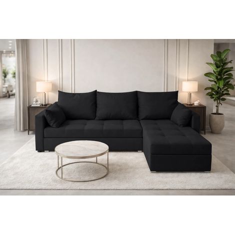 AX LIVING Ecksofa ELIF Schwarz mit Schlaffunktion L-Form, Sofa mit Bettkasten - Moderne Ecksofa, Wohnzimmer Ecksofa - Eckcouch Schwarz - Rechts
