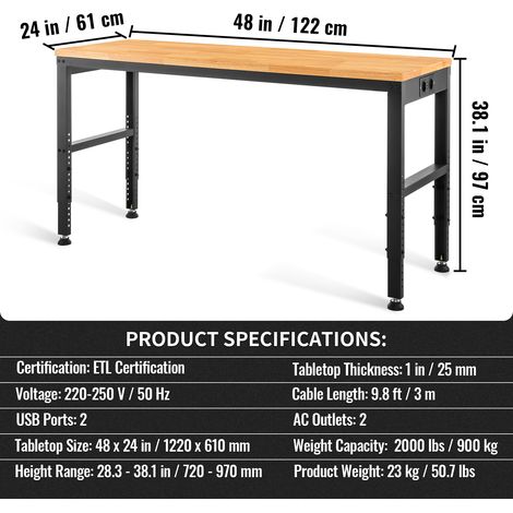 Mophorn Höhenverstellbare Werkbank 122cm B x 61cm T x 97cm H Garagentisch 900KG Belastbarkeit Steckdosen Hartholzplatte Metallrahmen Fußpads Büro Zuhause (1/4)