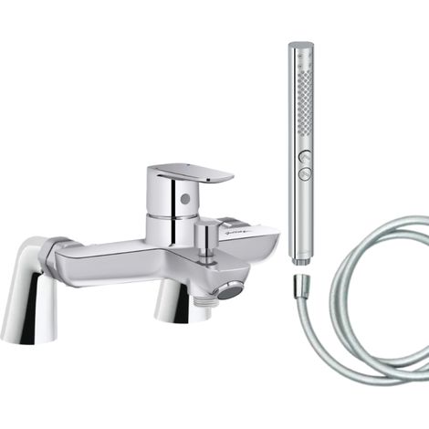 Mitigeur baignoire JACOB DELAFON July+ + pommeau de douche Shift+ rond + flexible de douche lisse + colonnettes (1/4)