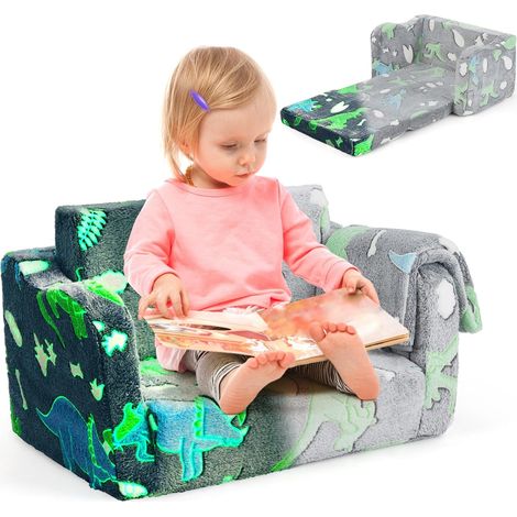 COSTWAY Divano Letto per Bambini Pieghevole 2 in 1, Poltrona Schienale Pieghevole per Bambini con Motivi Luminosi nel Buio con Coperta, Divanetto per Camera da Letto e Soggiorno (Dinosauro Grigio) (1/5)