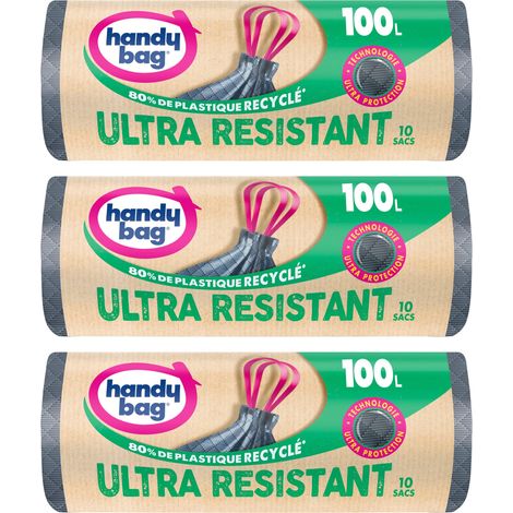 Handy Bag Set di 4 rotoli da 10 sacchetti per rifiuti 50 L, ultra resistente, 80% plastica riciclata, chiusura con manici scorrevoli, tecnologia ultra protezione, triplo spessore, anti-perdita (1/4)