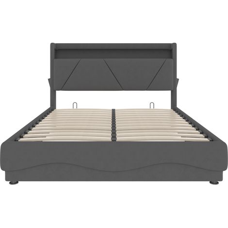 Cama tapizada 160x200 cm en terciopelo gris oscuro con LED, estante y USB (1/5)