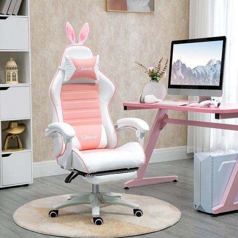 Chaise de gaming avec support lombaire. hauteur réglable. dossier inclinable. oreilles de lapin et appui-tête. rose