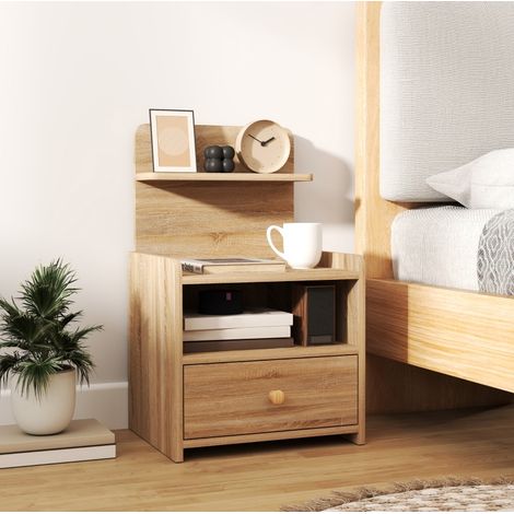 Table de chevet avec rangement, 1 tiroir, niche ouverte, design moderne, bords arrondis, structure stable et format compact, bois clair  CHICFURN (1/5)