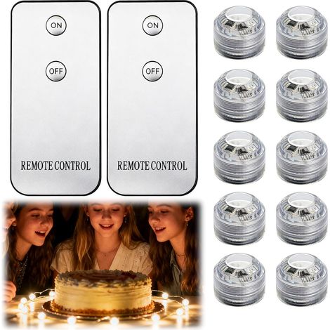 Set de 10 luces LED sumergibles e impermeables con luz blanca cálida, incluye 2 mandos a distancia, ideal para acuarios, spas, estanques, fiestas y bodas.