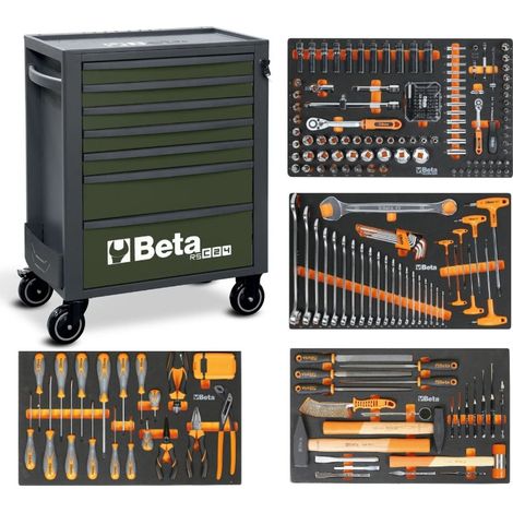 Beta – Servante d'atelier roulante 7 tiroirs 588x367mm – Capacité 800kg – Dessus anti-chute avec rangement – 267 outils inclus