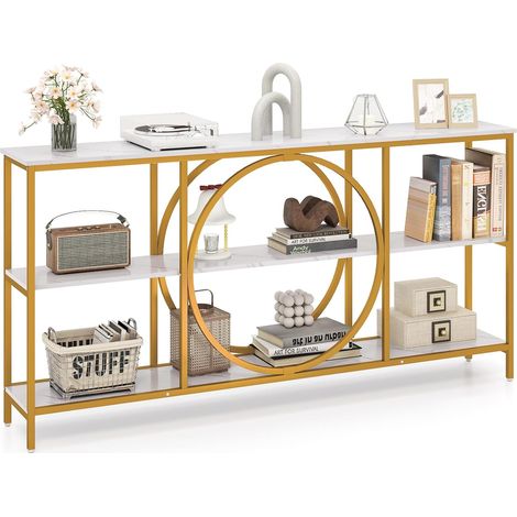 Costway – Table console 180 cm – Cadre métallique haute résistance – 3 étagères ouvertes – Plateau en faux bois grainé – Dimensions 180 x 30 x 90 cm – Blanc (1/5)