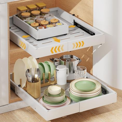 2-Piece Telescopic Drawer Kitchen Shelf Adjustable width from 30 cm to 50 cm, depth from 40 cm to 55 cm, sliding shelf for cupboard (1/5)