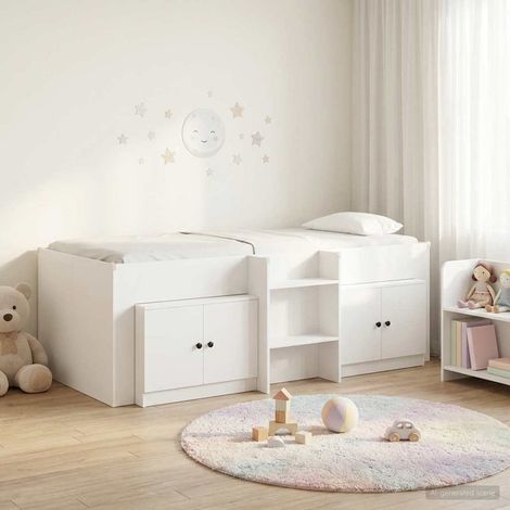 vidaXL Cadre de lit en loft avec armoire 3 pc Blanc Bois d'ingénierie (1/5)