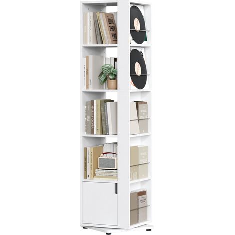 Bibliothèque Rotative 360° à 5 Niveaux, Étagère à Livres Tournante de 169 cm H avec Rangement Fermé Meuble Gain de Place pour Salon Chambre et Bureau (Blanc) (1/5)
