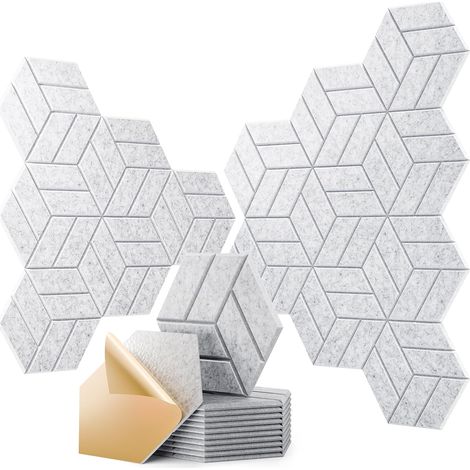 Paneles de pared autoadhesivos hexagonales de espuma fonoabsorbente de alta densidad, ideales para estudios y oficinas. Paquete de 12 unidades (gris claro). (1/5)