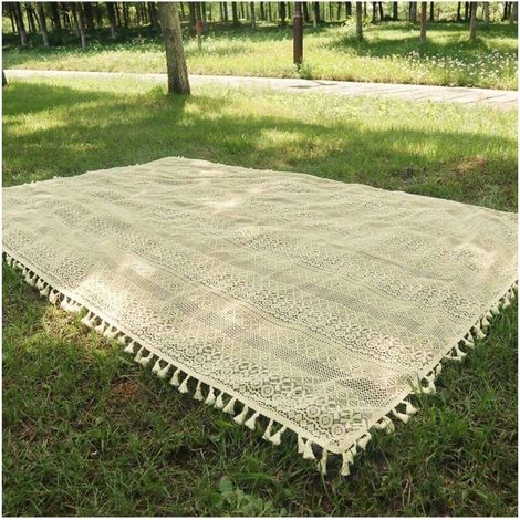 1 pièce Tapis de pique-nique style bohème en jacquard avec dentelle, avec pompons et ajouré (1/4)