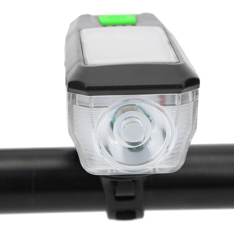 Lampe frontale de vélo solaire rechargeable USB avec avertisseur sonore intégré, noir et vert. (1/5)