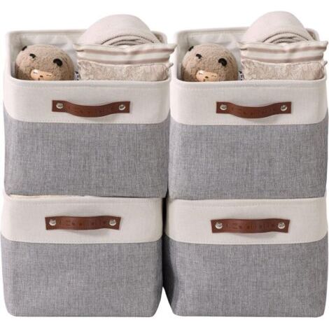paniers de rangement pliables en tissu cationique robuste et pliable avec poignées pour étagère pour chambre d'enfant ou penderie (Gris et blanc, Large - 4 Pack)