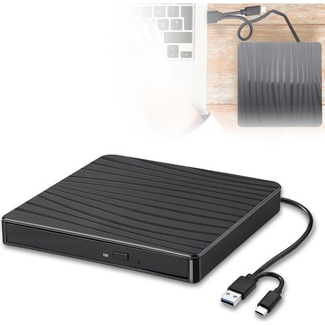 Lecteur DVD externe, USB 3.0 et Type-C lecteur CD portable +/-RW ROM pour ordinateur portable PC de bureau, graveur lecteur compatible avec Windows XP / 2003 / Vista / 7/8/10/11, systèmes (1/5)