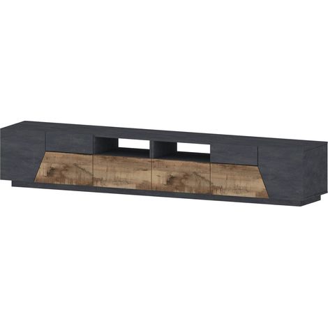 Dmora - Mobile porta TV Asdrubale, Credenza bassa da soggiorno a 4 ante, Base porta televisione, 100% Made in Italy, cm 260x43h46, Ardesia e Acero (1/5)